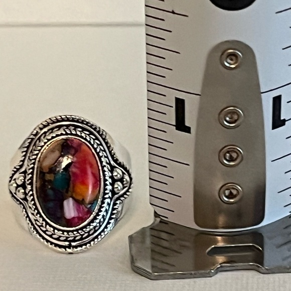 SOLID 925 STERLING SILVER GEMSTONE RING PINK SPINY OYSTER TURQUOISE SIZE 8.75 - Picture 7 of 10